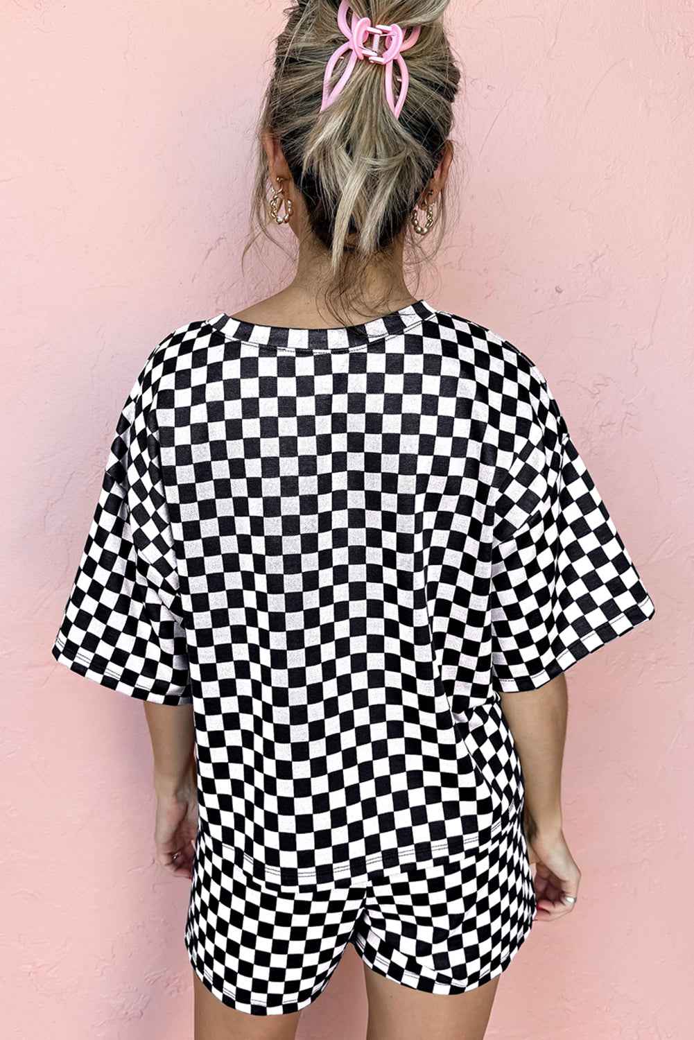 Brown Checkered Top and Drawstring Shorts Pajama Set 80612a61a43af0b4