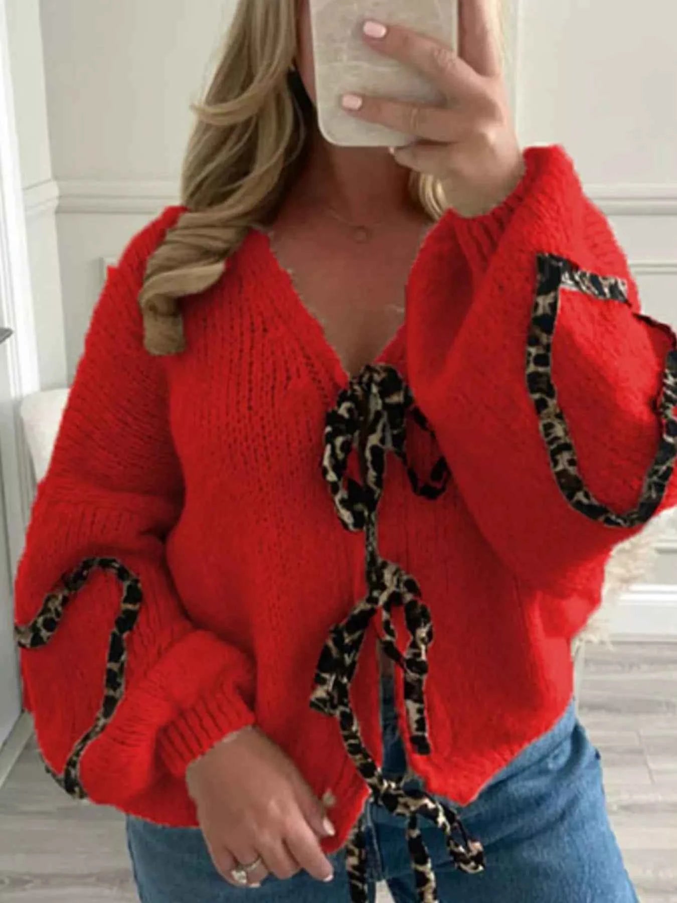 Tie Front Long Sleeve Sweater Red 80648e4b-17c8-4e4b-8b5f-ba0d8a670378-Max-Origin