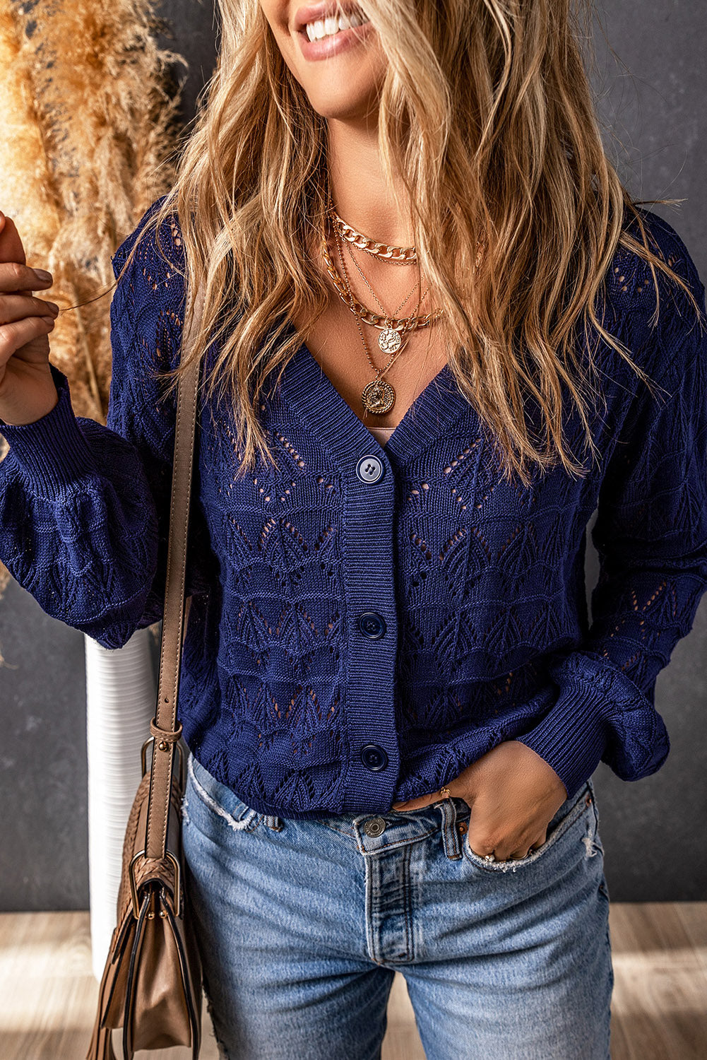 Black Lightweight Buttoned Front Crochet Cardigan 807729eb1bb157d7