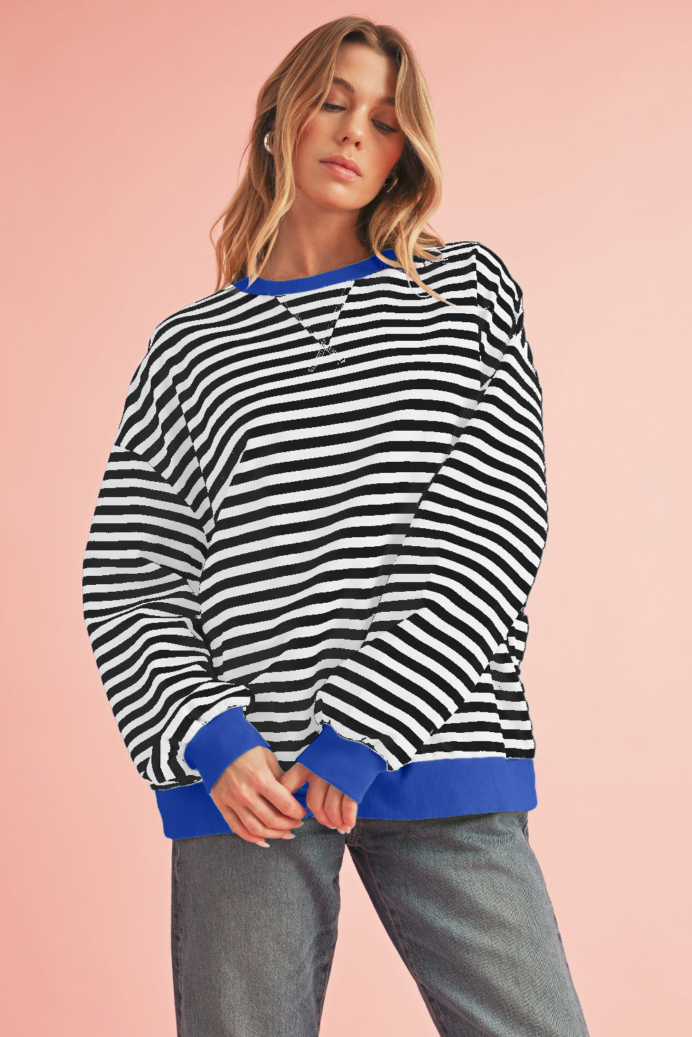 Black Stripe Contrast Edge Cross Seam Oversized Sweatshirt Black Stripe 8082024b0fd53e37