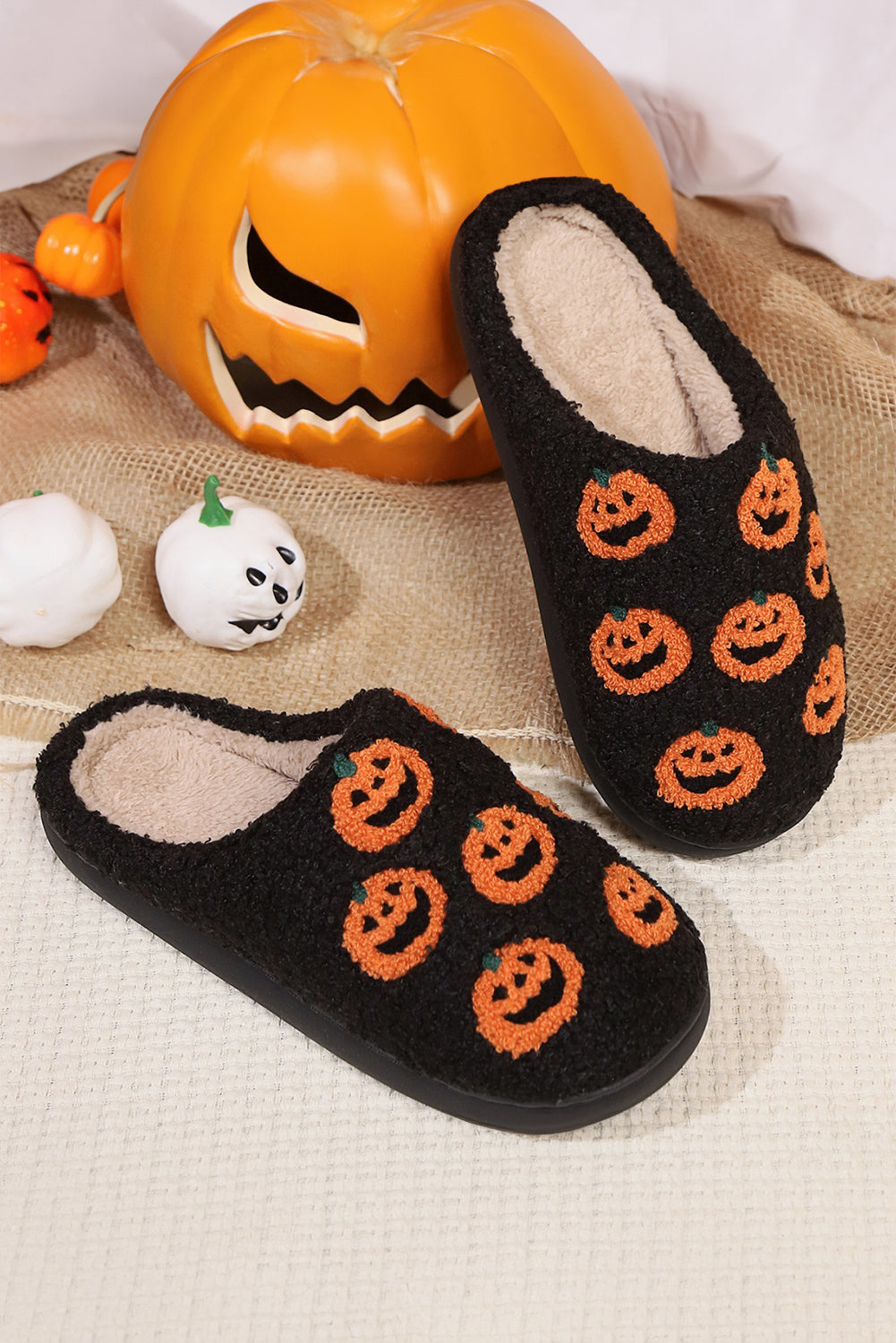 Black Halloween Pumpkin Plush Home Slippers 809a97d78bb06d8c