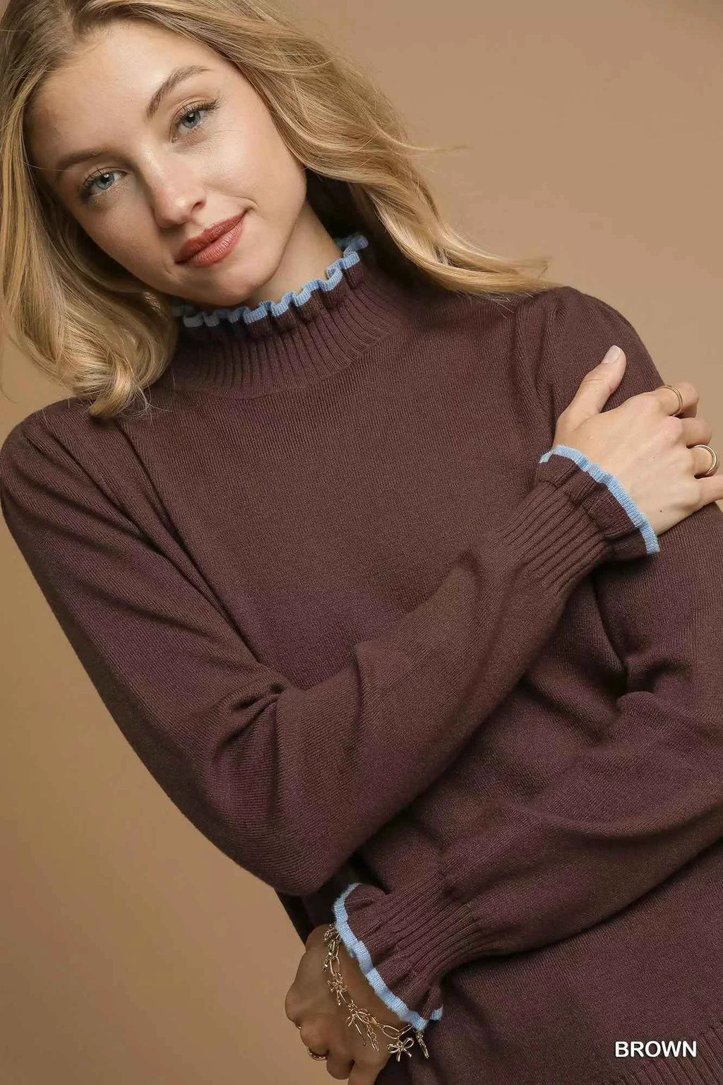 Umgee Ribbed Round Neck Sweater with Ruffle Contrast Trim 809bd25b-a441-489e-93df-6e0dbe5313e4-Max-Origin