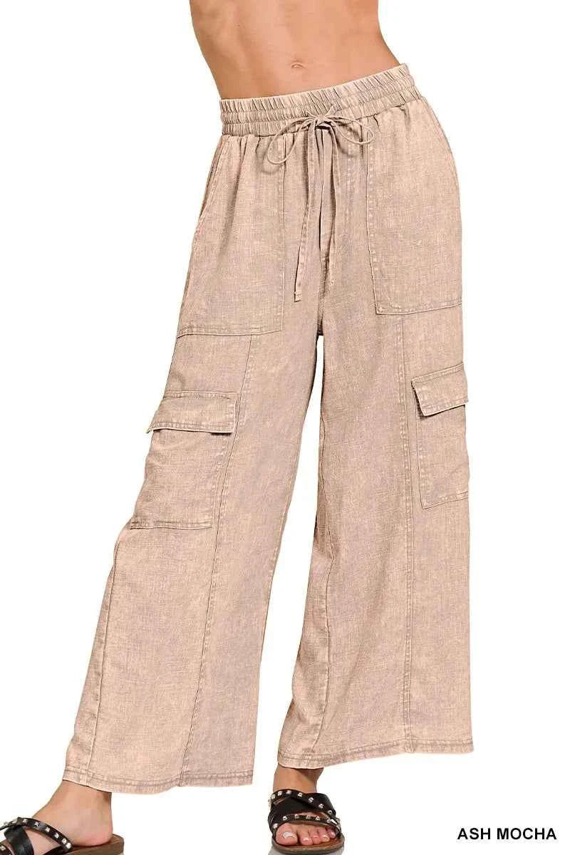 Zenana Washed Linen Elastic Band Waist Cargo Pants ASH MOCHA 80c8d136ef534215b253a9aa9d6e5d6a-Max-Origin