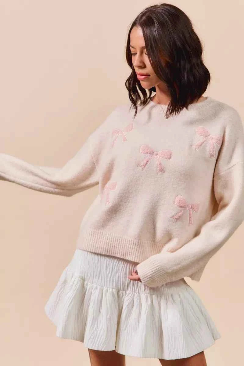 SO ME Embroidered Ribbon Round Neck Sweater 80cf661b1a8a43389e569a720b131f75-Max-Origin