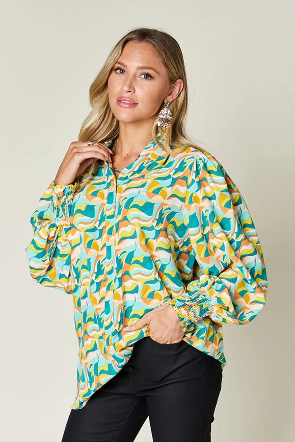 Double Take Full Size Printed Smocked Long Sleeve Blouse Turquoise 80e172e6-12e0-409d-af94-0bd06e229922-Max