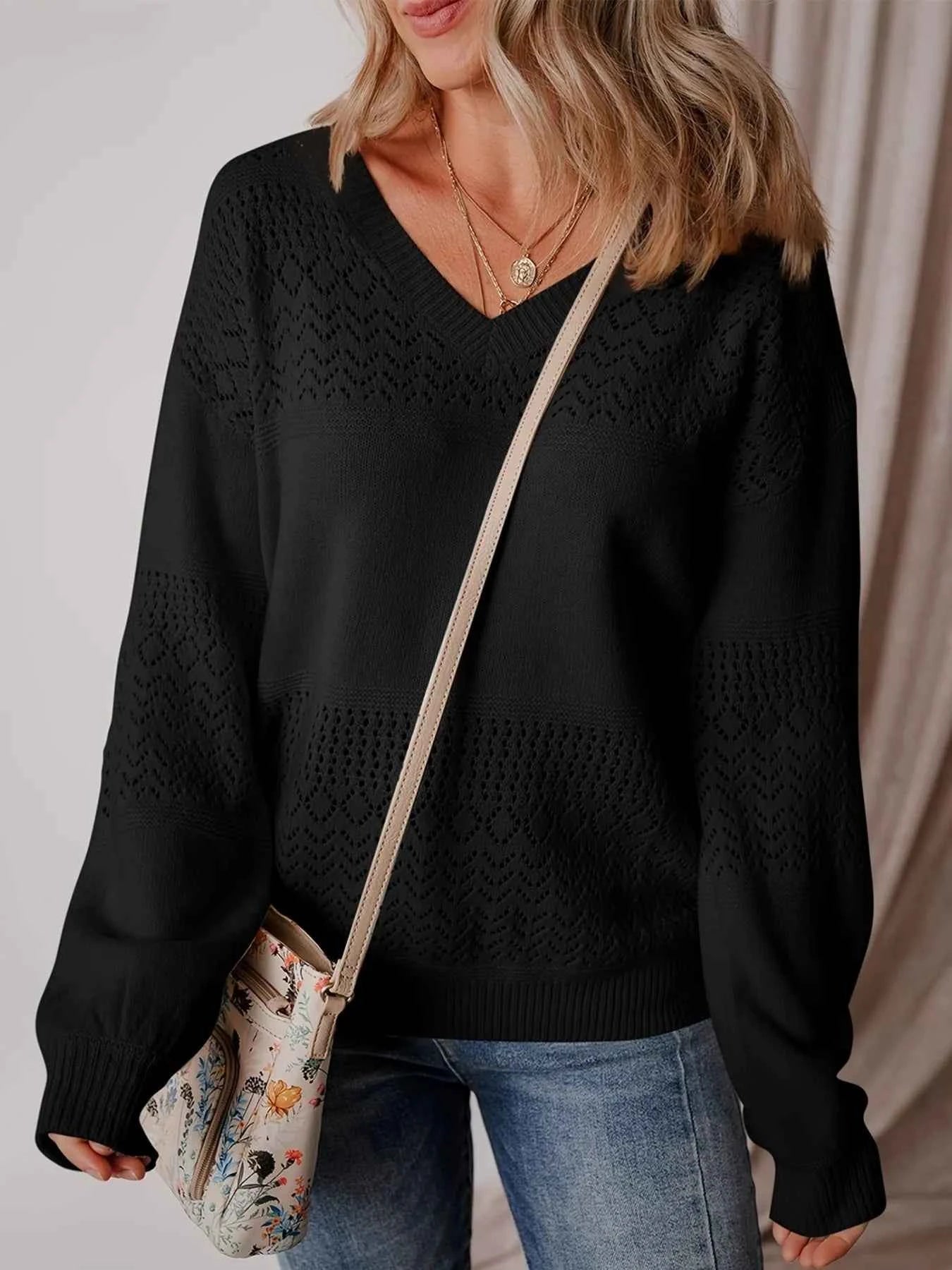 Eyelet Deatil V-Neck Long Sleeve Sweater 80e5598b50d9481fb0a9c2b4dd5c1588-Max-Origin