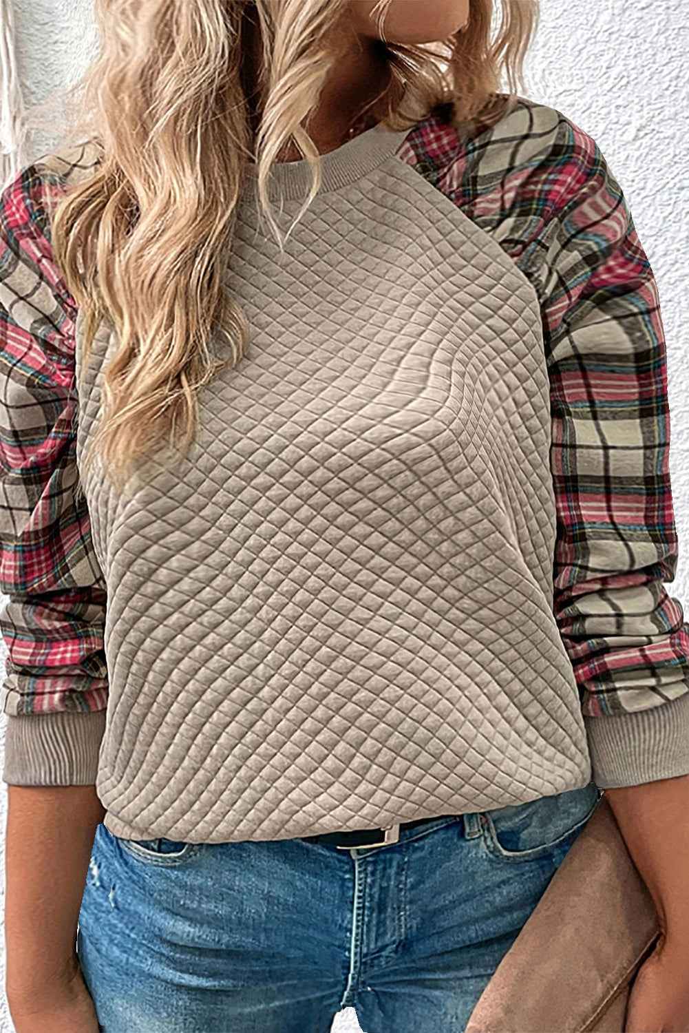Apricot Plus Size Plaid Raglan Sleeve Crew Neck Sweatshirt Apricot 95%POLYESTER+5%ELASTANE 80e5e22e4e6e57c6
