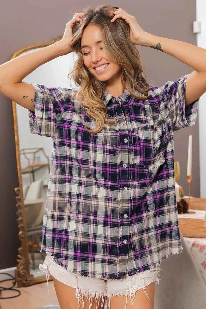 BiBi Mineral Washed Plaid Short Sleeve Shirt PURPLE MULTI 80fc30fcede8448eab07a27f5add88af-Max-Origin