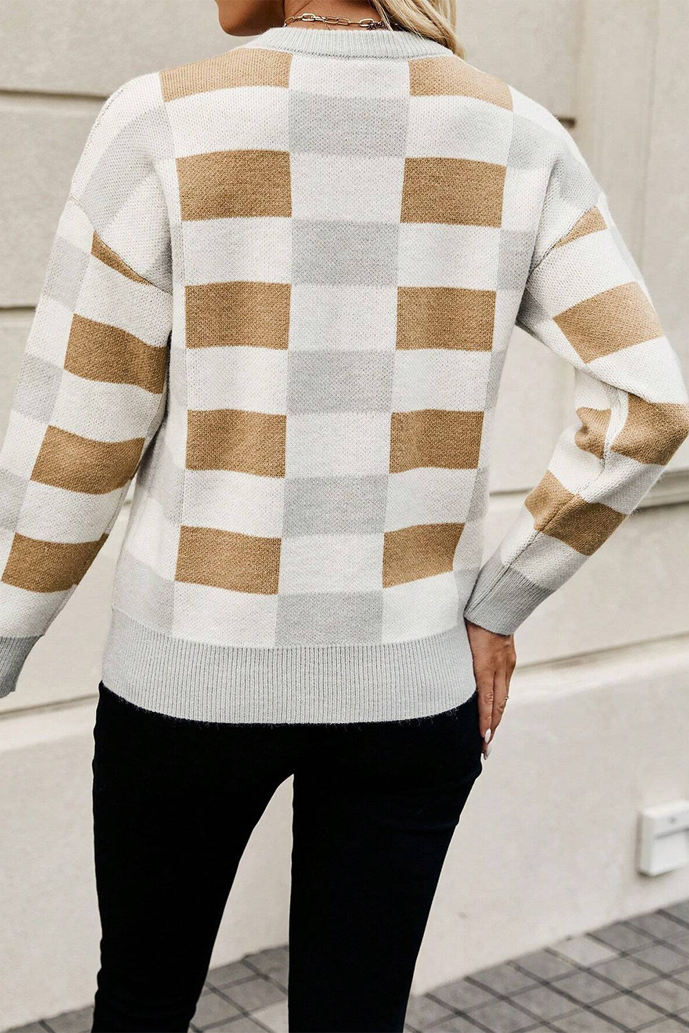 Khaki Checkered Crew Neck Drop Shoulder Knit Sweater 8107963edfd64f31