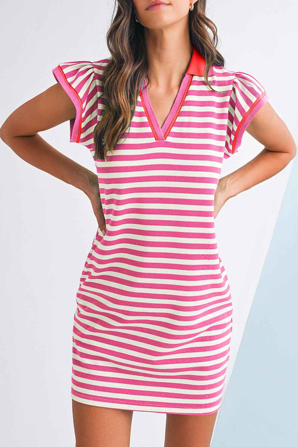 Dark Blue Striped Ruffle Short Sleeve Pop of Color Neckline Dress Sachet Pink 811231692e27c35f