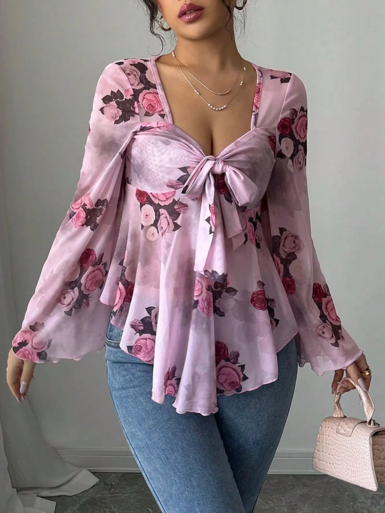 Floral Tie Front Flare Sleeve Blouse 81248fe6-b285-4a9b-a243-e1761d243b49-Max-Origin