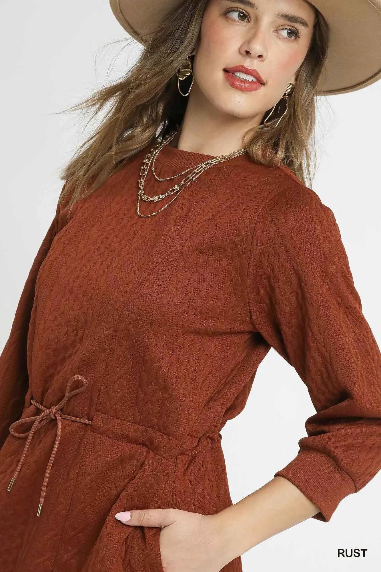 Umgee Drawstring Cable Knit Mini Dress with Pockets 8130cacc-66dc-42c0-b837-6b3afe164d1b-Max-Origin