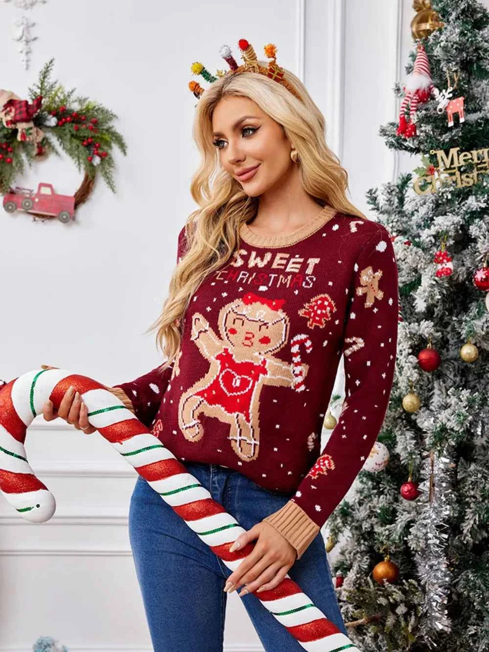 Gingerbread Round Neck Long Sleeve Sweater 813909b0-a78b-4d7d-ad33-899dfde6c7b4-Max