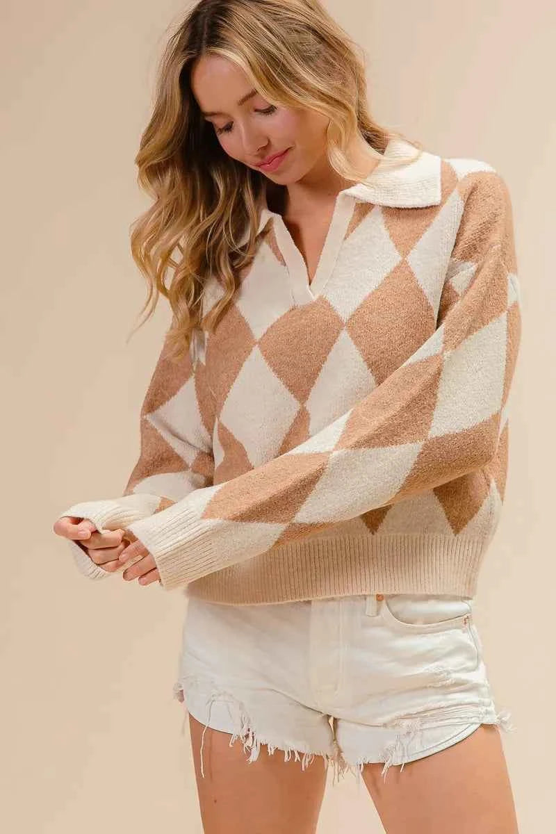 BiBi Diamond Pattern Collared Notch Neck Sweater 813b9f278dc1448590a96bd9d508d1a6-Max-Origin