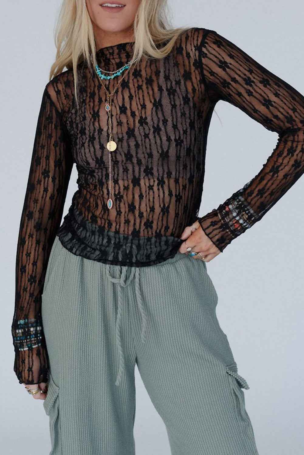 Black Sheer Floral Lace Long Sleeve Slim Fit Top Black 90%Polyamide+10%Elastane 813db4a89a2f89a3