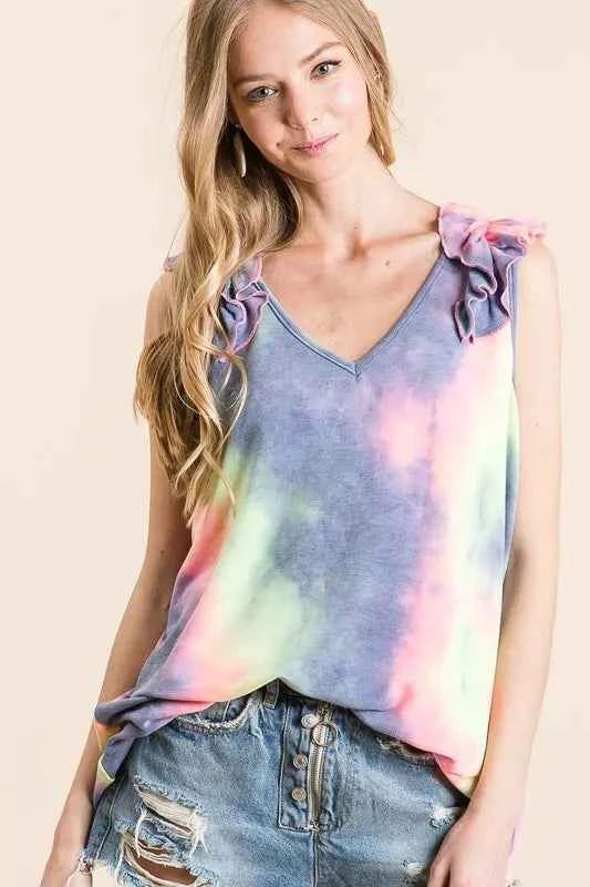 BiBi Tie Dye French Terry V Neck Top with Ruffle 814d943e593344f699782d492c96aedb-Max-Origin