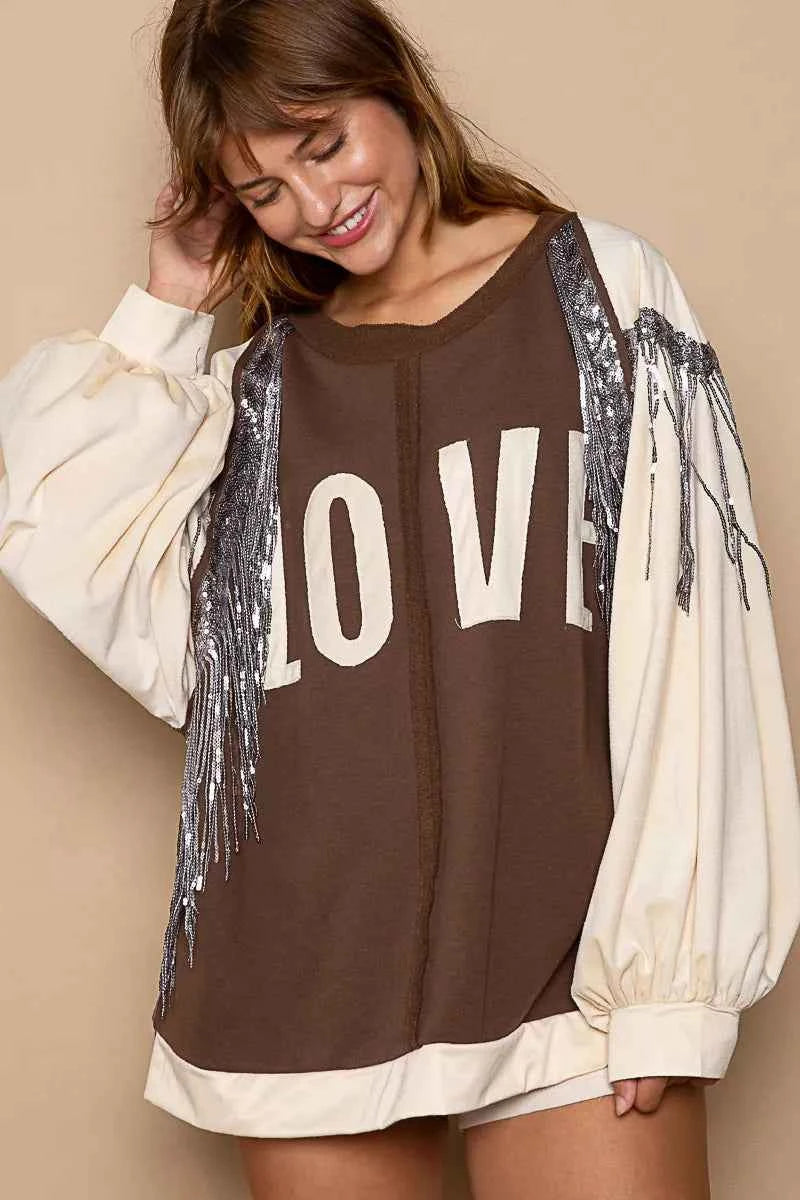 POL Balloon Sleeve French Terry Sweatshirt with Sequin Tassel CHOCO CREAM 8150eee7-f34b-4279-90aa-10c9e3244323-Max-Origin