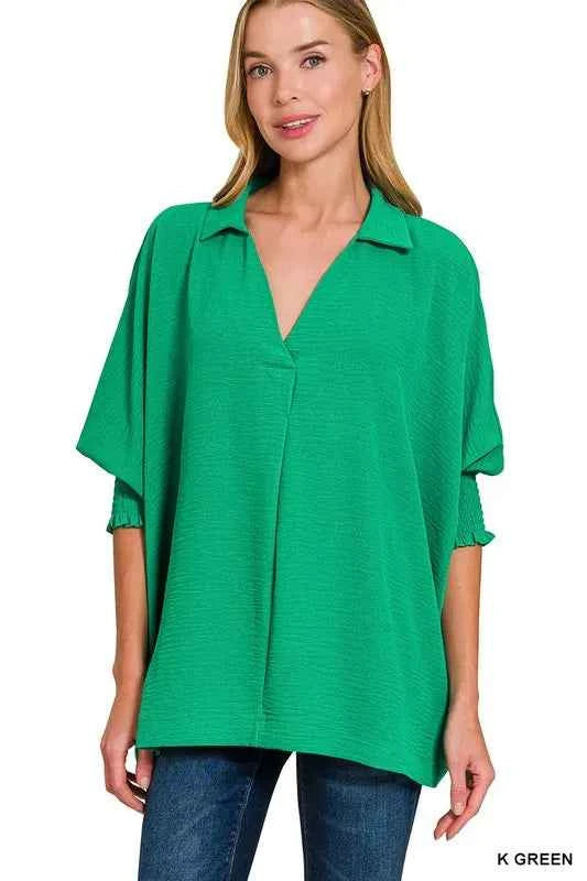 Zenana Airflow Collar Tee with Smocked Sleeve Band Top K GREEN 8183dced4e2543c39788c7bd3f234083-Max-Origin