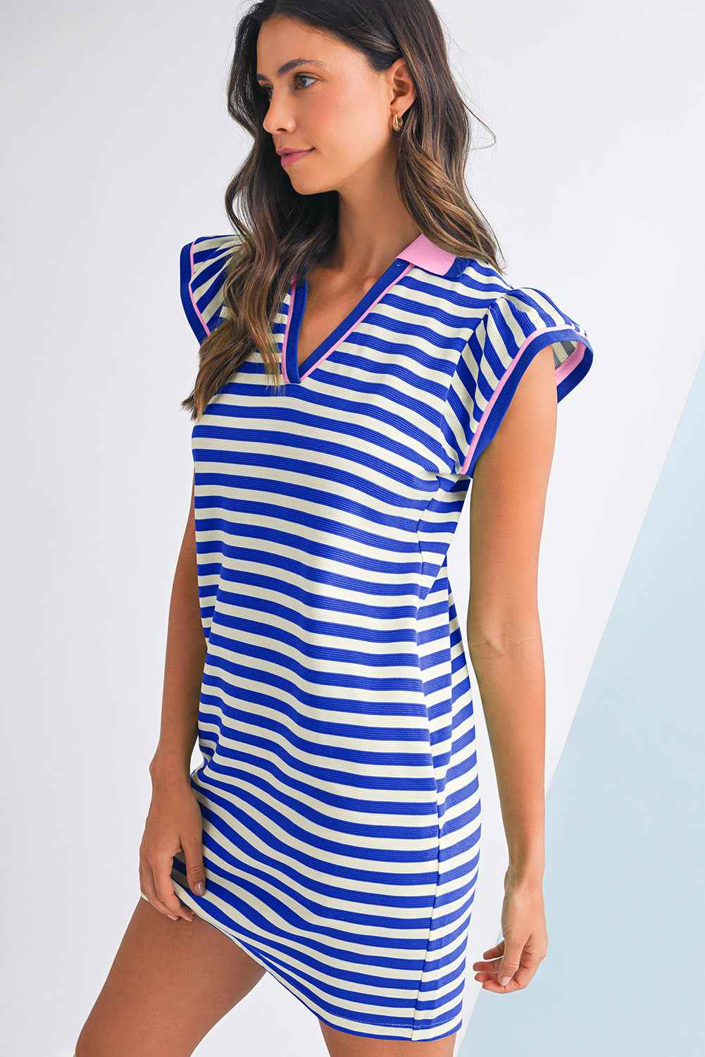 Dark Blue Striped Ruffle Short Sleeve Pop of Color Neckline Dress 818ff8d82975076a