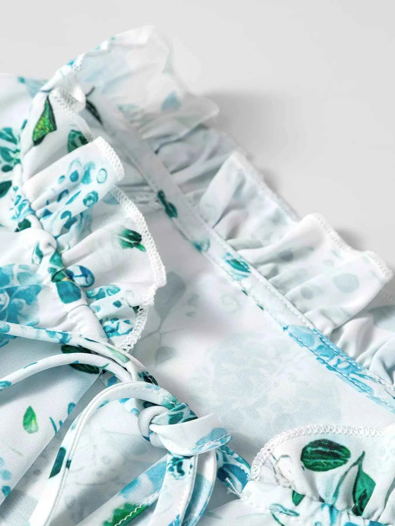 Floral Print Frilled Trim Tie Neck Elastic Cuffs Long Sleeve Blouse 81a4edd77c824c3ab3625f5b65d183a0-Max-Origin