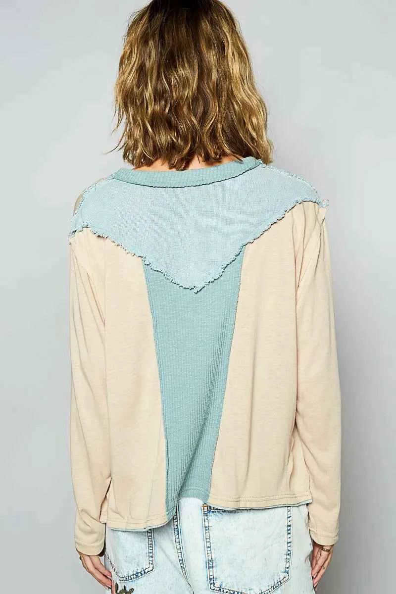 POL Color Block Notched Long Sleeve T-Shirt 81a70816-695e-4b94-8d7f-55c286f00a1f-Max-Origin