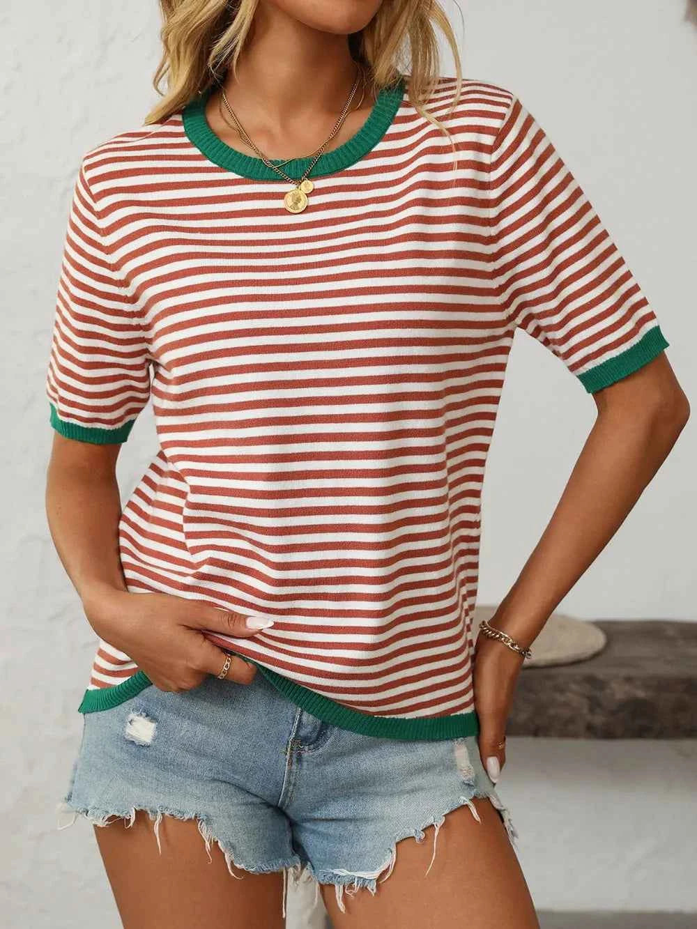 Mandy Striped Round Neck Half Sleeve Knit Top 81adc635-6a0f-49c2-873b-9c477e8a4c0d-Max