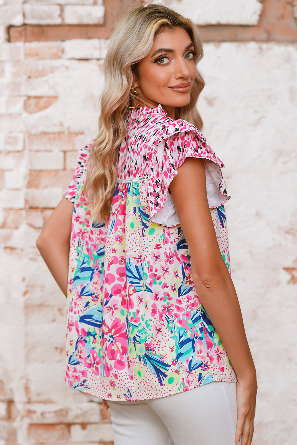 Red Floral Mixed Print Ruffle Cap Sleeve Blouse 81afe5d2d2e147bf