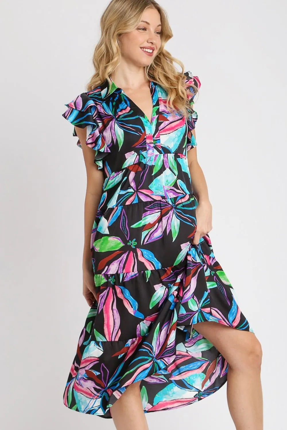 Umgee Full Size Leaf Print Double Layered Ruffle Sleeve Tiered Midi Dress Plus Size 81b6a95c-8c8f-43e0-85c2-3a040d3bbbc7-Max