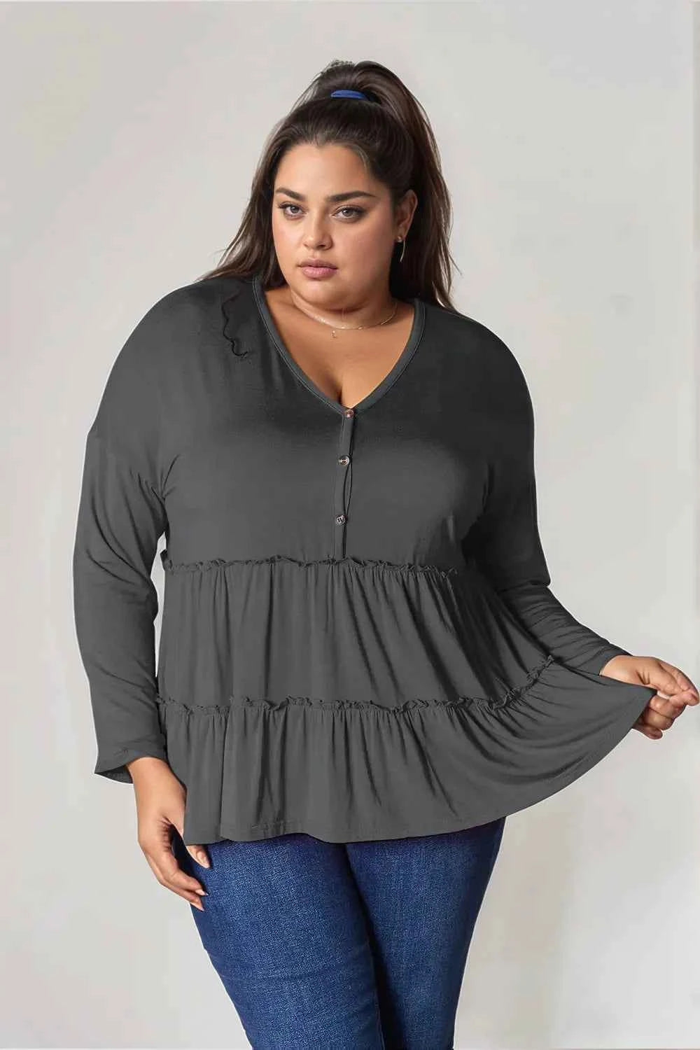 Double Take Half Button Long Sleeve Ruffle Hem Blouse Dark Gray 81bce29f-9501-42b7-b624-376c1bb431de-Max