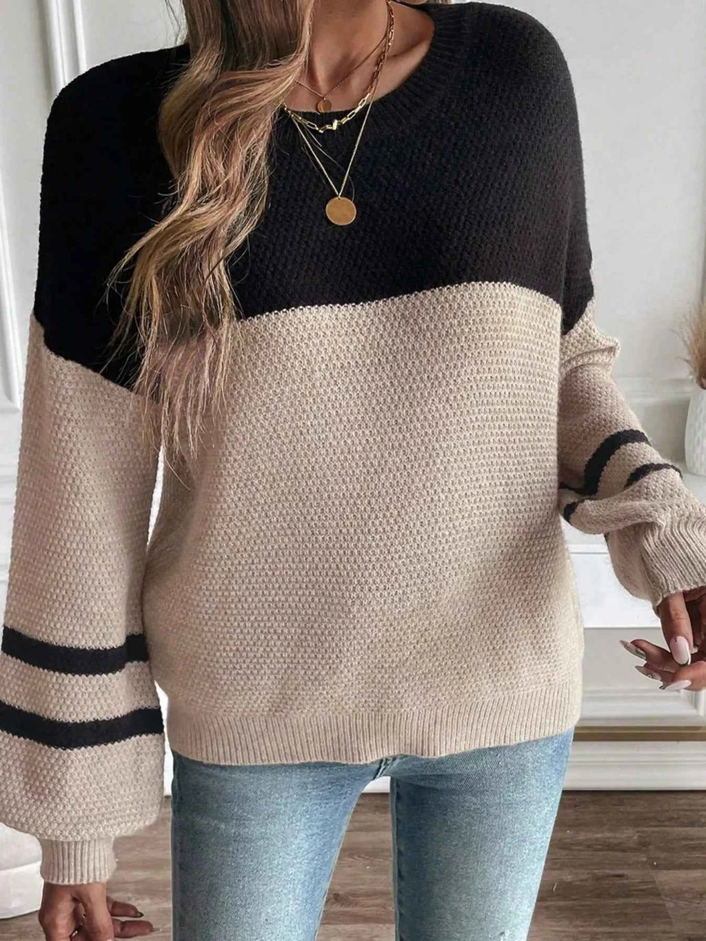 Color Block Knit Striped Sleeve Detail Casual Sweater 81c1fbc8-f002-467b-b586-8f0a2ff00204-Max-Origin