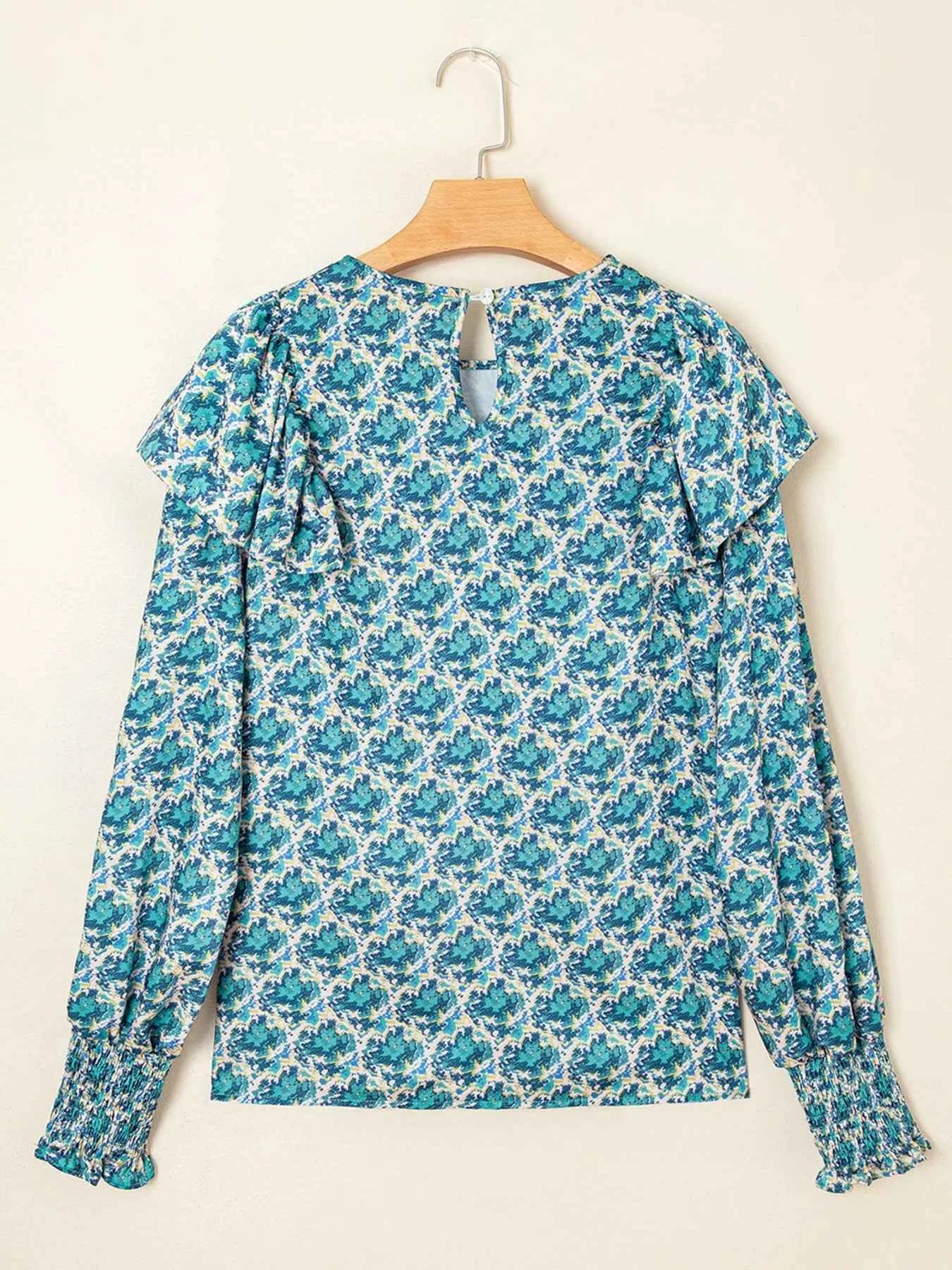 Abstract Print Shirred Cuff Ruffled Puff Sleeve Blouse 81f956c246ff44e69a034548b1074915-Max-Origin