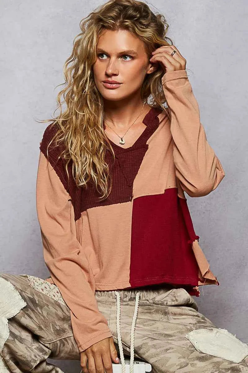 POL Color Block Notched Long Sleeve T-Shirt Burnt Coral 8204526e-feda-47ab-b591-553012f8b34b-Max-Origin