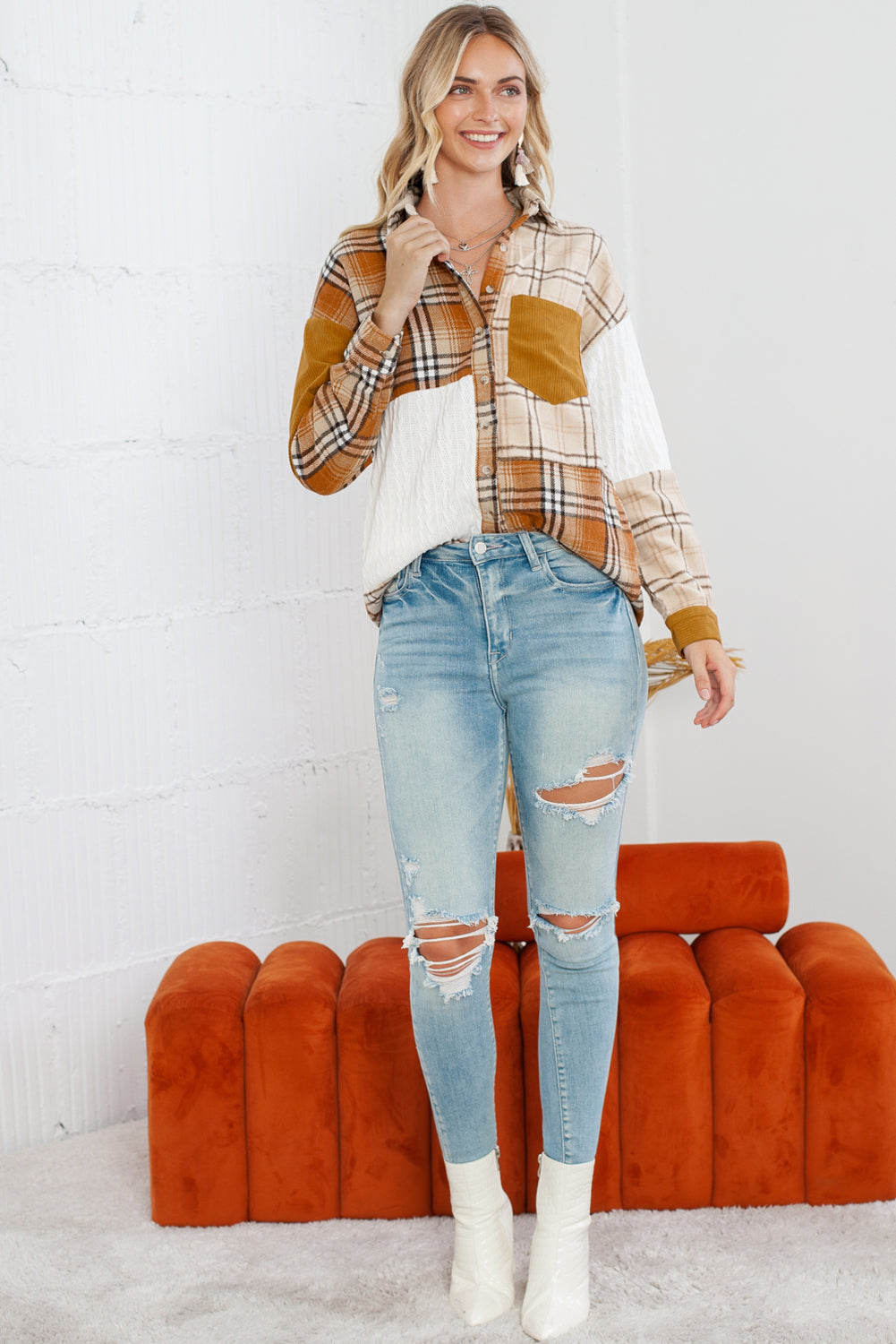 Orange Plaid Color Block Patchwork Pocket Shirt Shacket 822917e4ded7b5d4