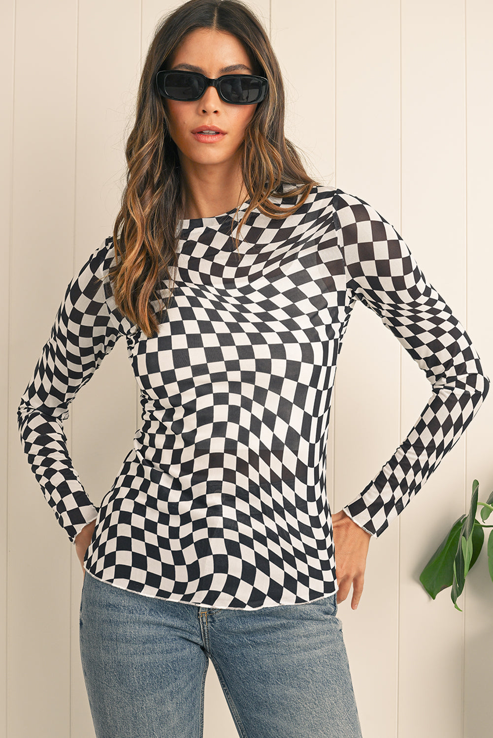 Black Checkered Pattern Mesh Long Sleeve Top 82322de11ec0988f