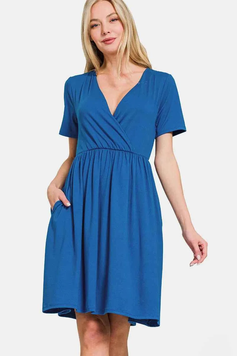 Zenana Surplice Short Sleeve Brushed DTY Dress Classic Blue 8234483b-b93e-4c36-b60d-b438d995ad36-Max