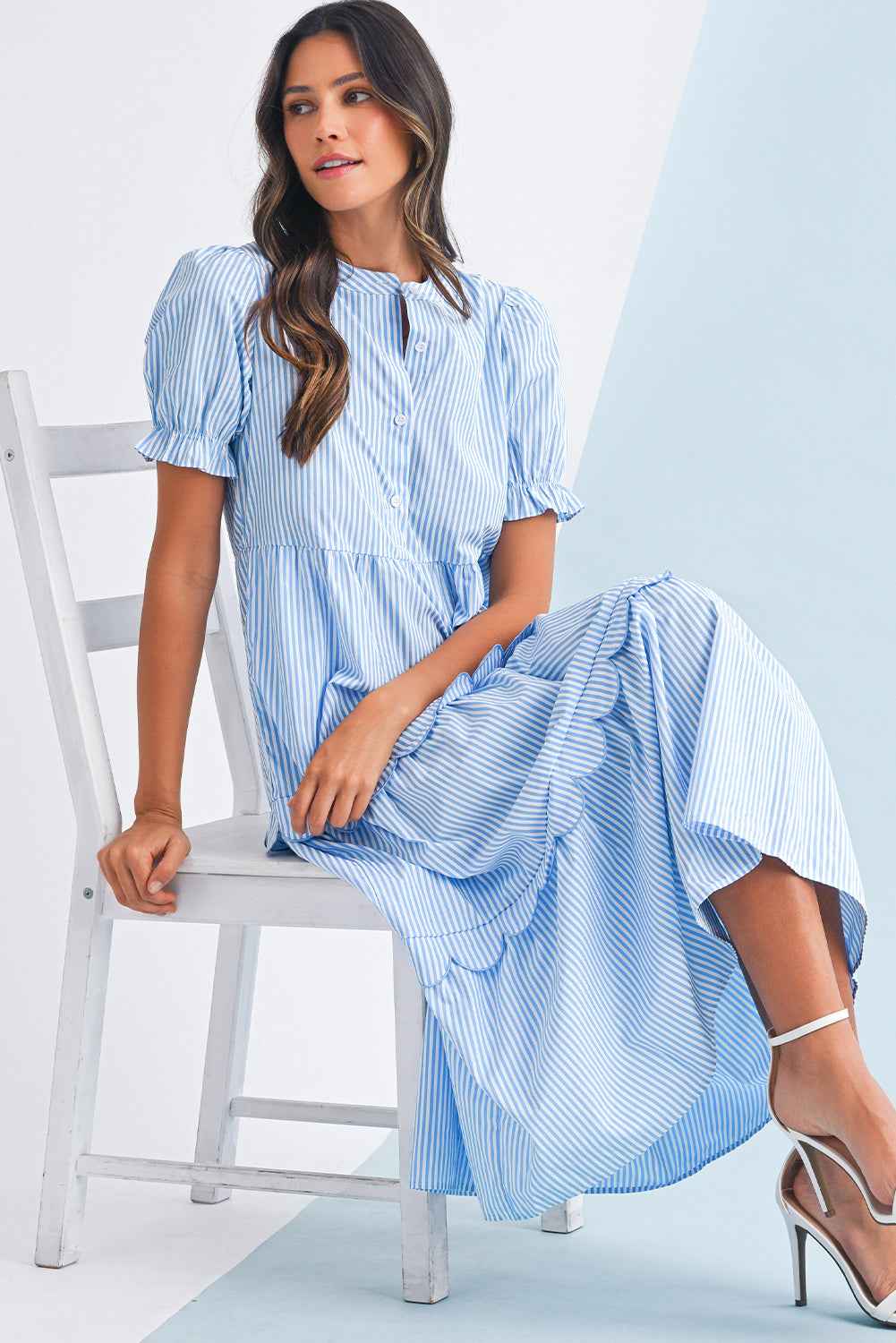 Sky Blue Stripe Bubble Sleeve Scallop Tiered Dress 823a2a475300b3ae