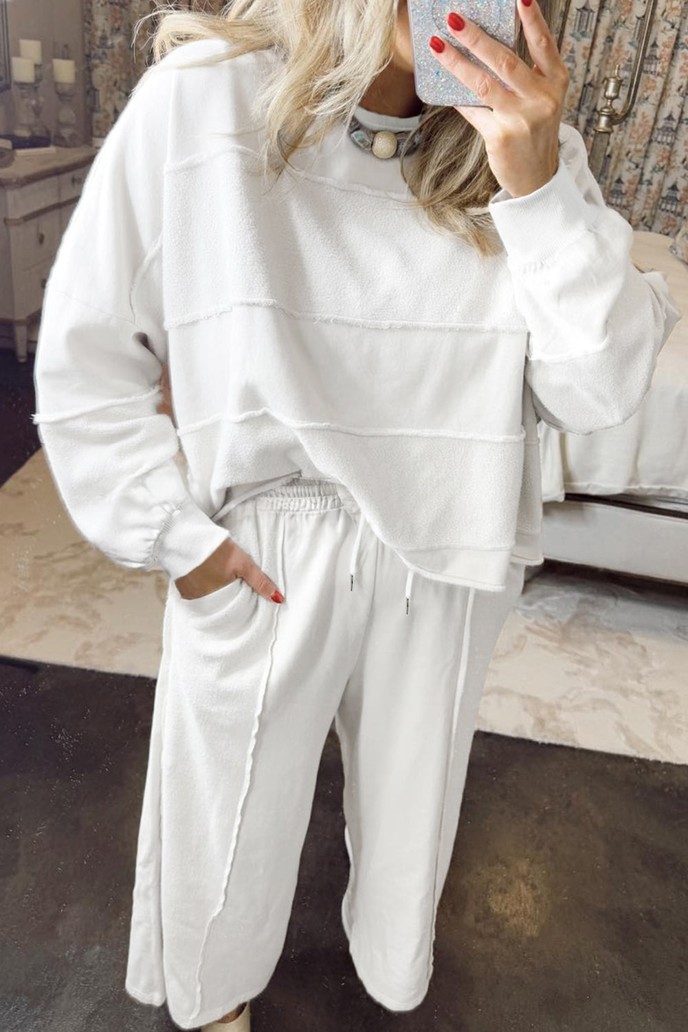 White Textured Raw Seam Plus Size Pullover Top and Drawstring Pants Set 8257d94a36795add