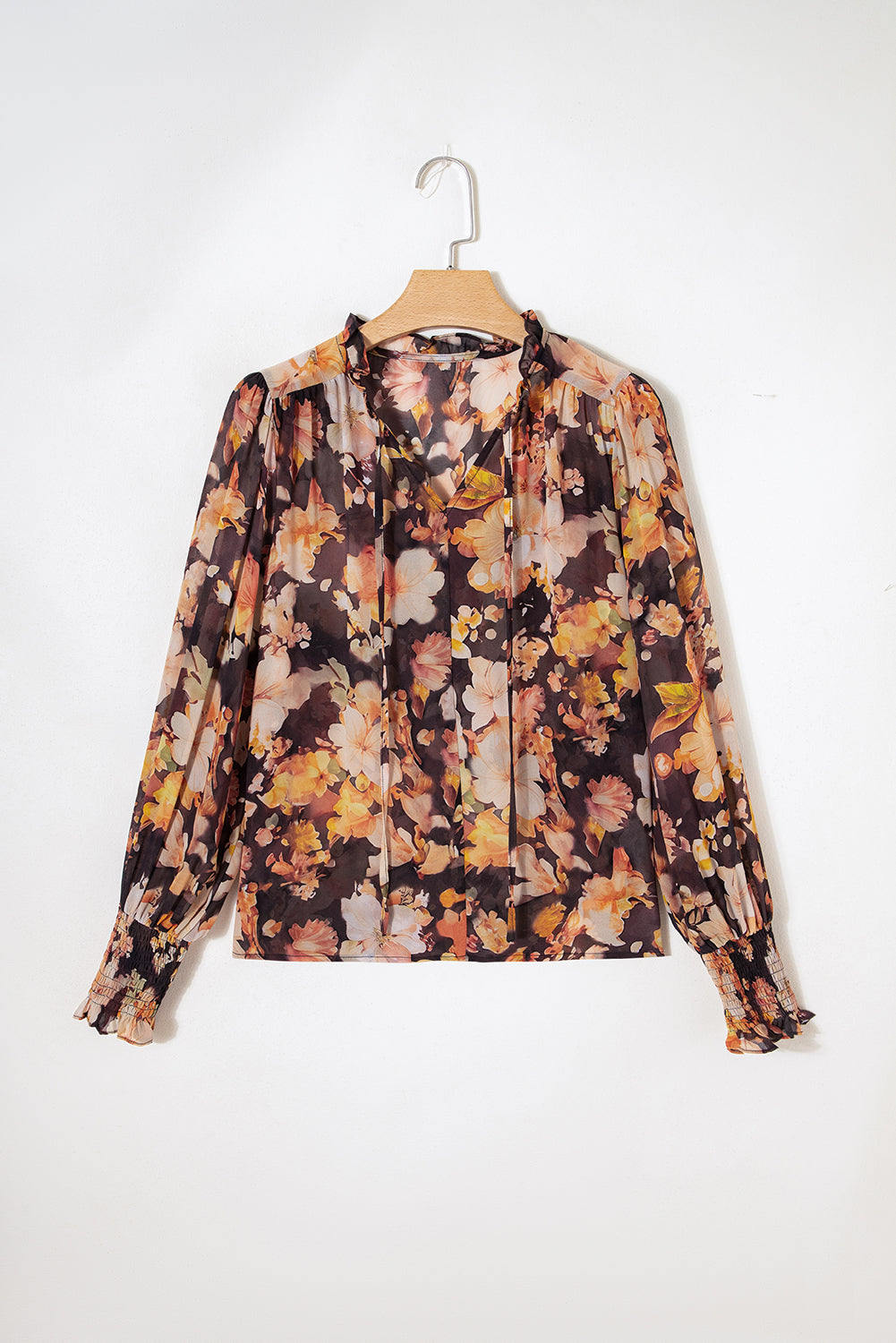 Black Floral V Neck Long Puff Sleeve Breezy Blouse 82613fbe51b67343