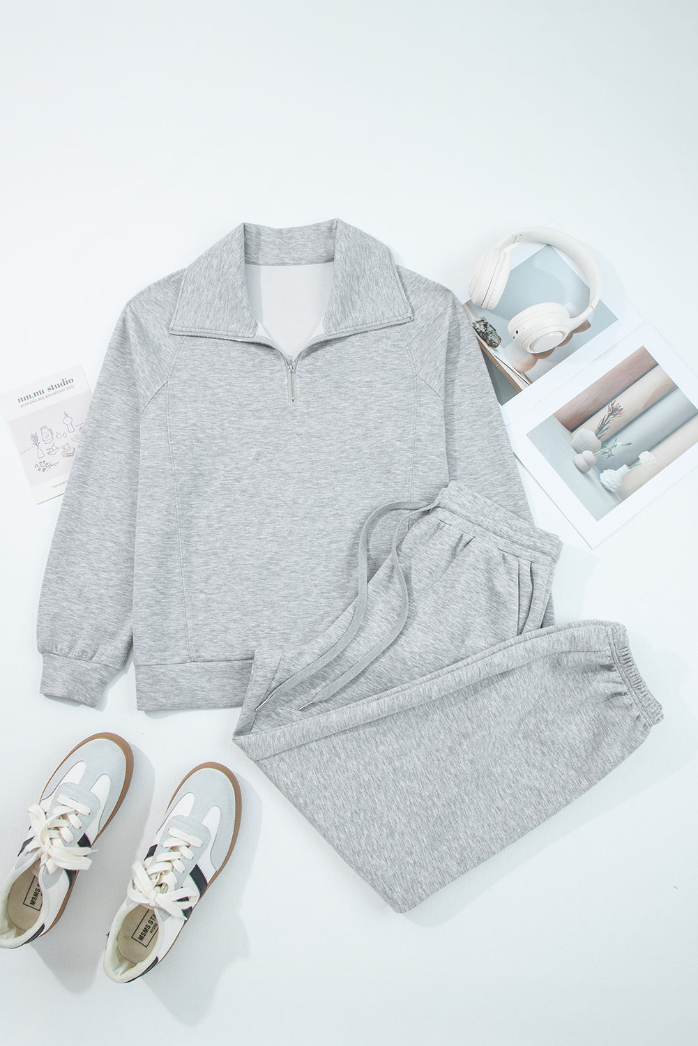 Light Grey Zip Collar Long Sleeve Top Drawstring Pants Set 8268f8e549228084