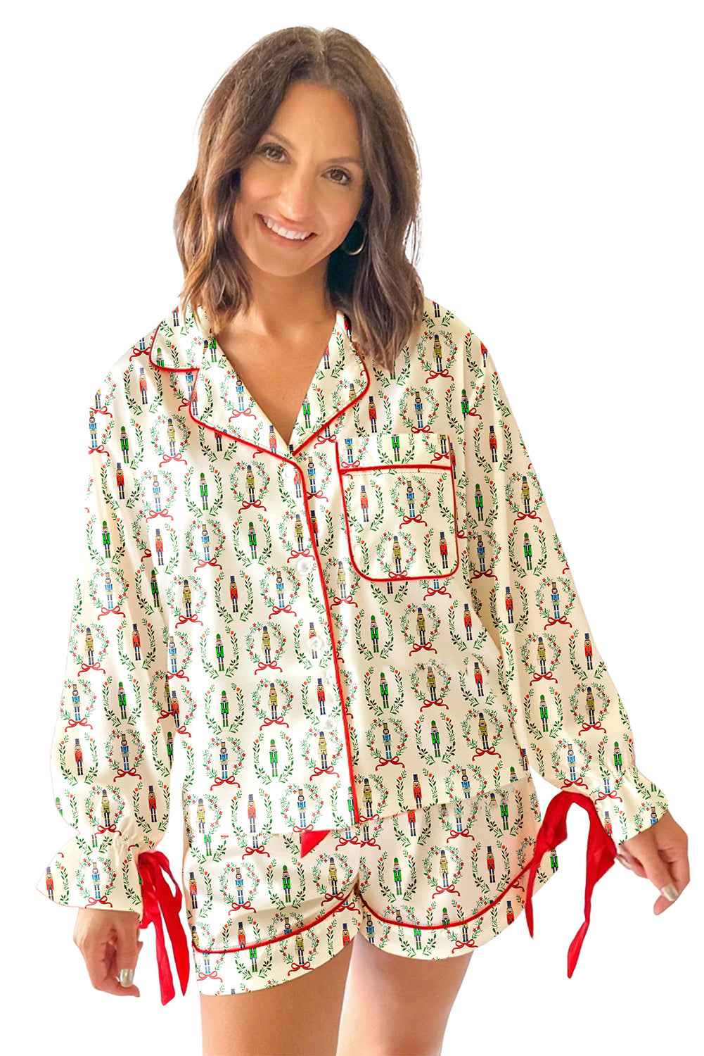 Beige Nutcracker Print Contrast Trim Bowknot 2pcs Pajama Set 827523d64fdf6159