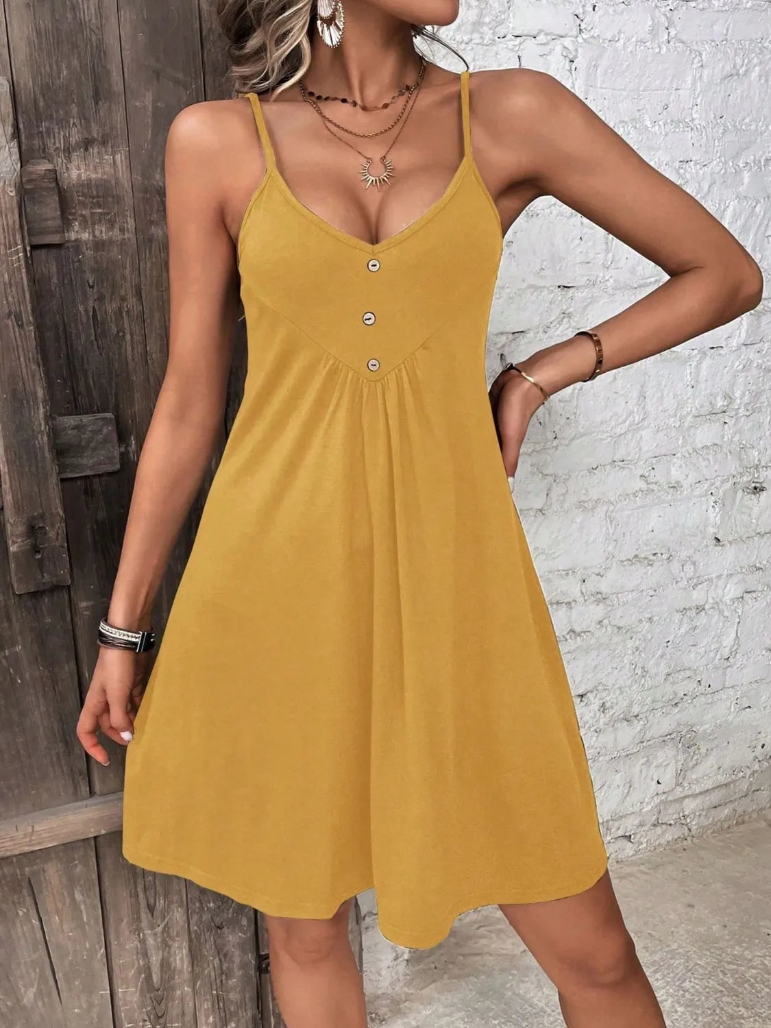 Decorative Button Scoop Neck Mini Cami Dress Gold 8297a453-d0fc-4825-9b69-fd6ebb51b61c-Max-Origin