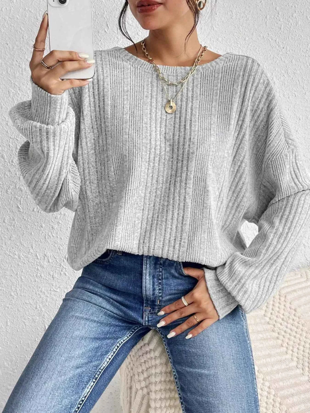 Crisscross Back Long Sleeve Knit Top Gray 829e36e8272e43dbb6b0c2105fec2186-Max-Origin