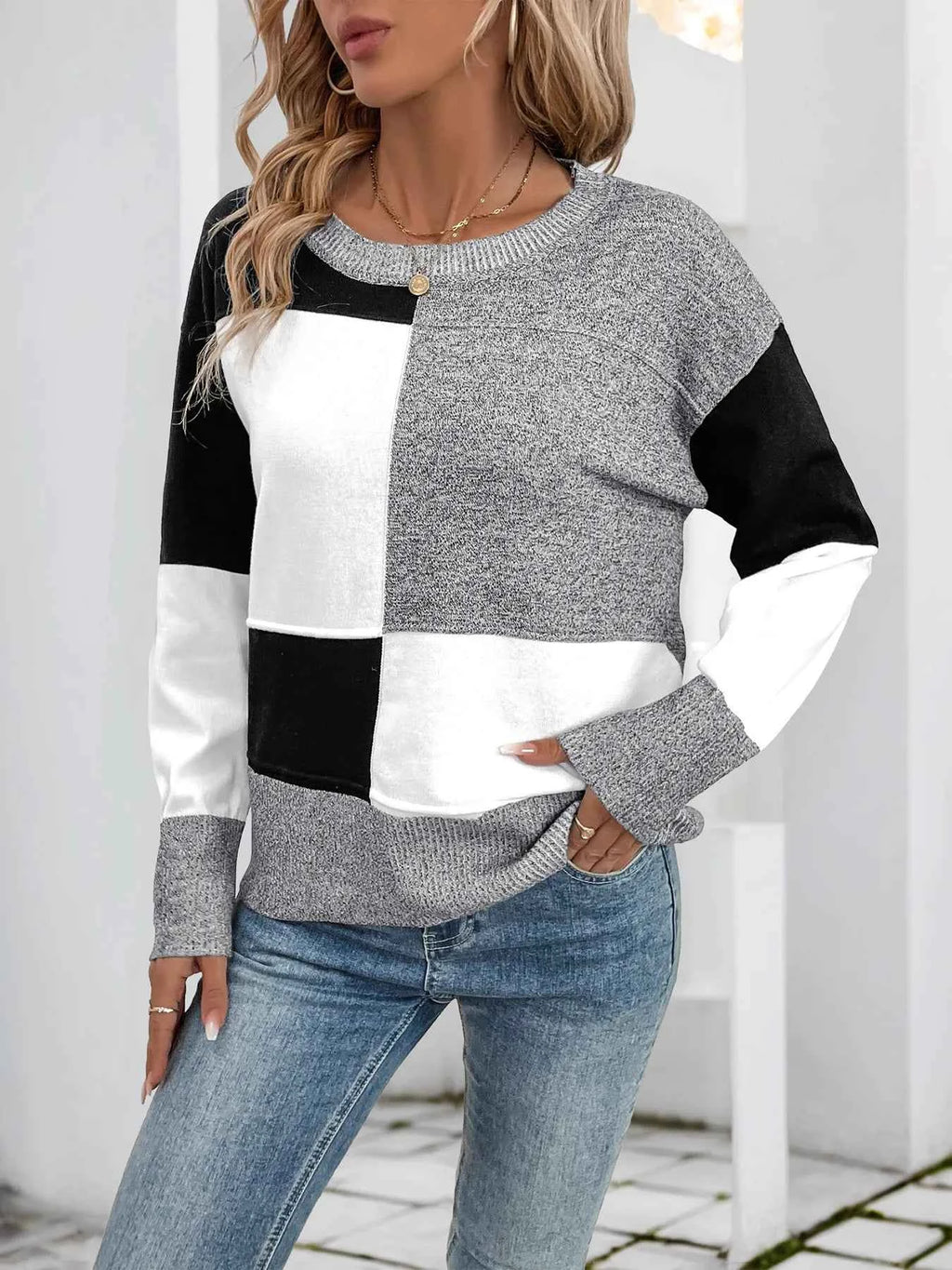 Color Block Knit Long Sleeve Sweater 82cb957ff63443909963b5ea3c9b4590-Max-Origin