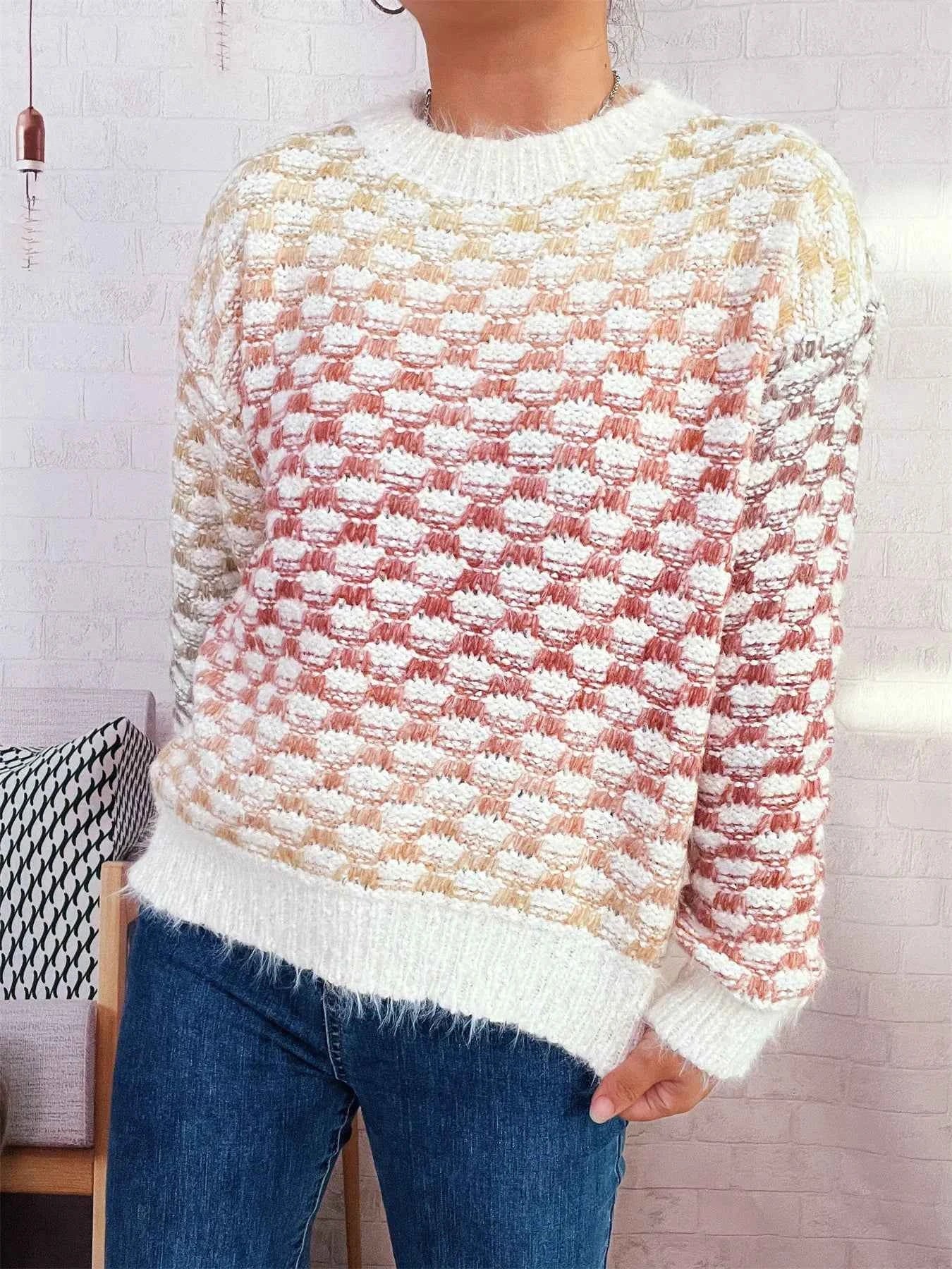 Rainbow Gradient Round Neck Sweater Yellow One Size 82cdb4c50e0f4b79919c2efea5528022-Max-Origin