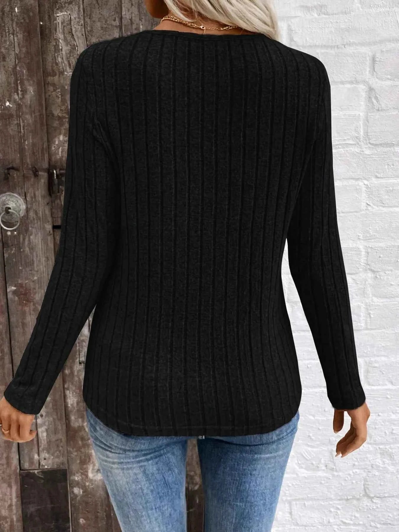 Ribbed V-Neck Long Sleeve Knit T-Shirt