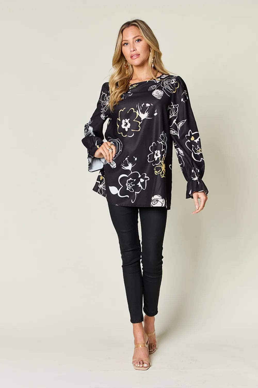 Double Take Full Size Printed Flounce Sleeve Blouse 8312f2c2-7db6-429f-a281-9fb8607ca0c1-Max