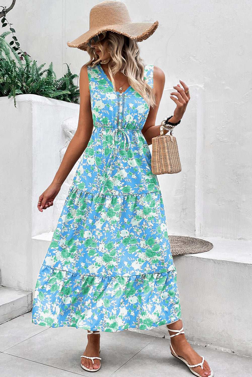 Green Floral Print Trimmed V Neck Sleeveless Vacation Dress 831e877eef8be309-_11