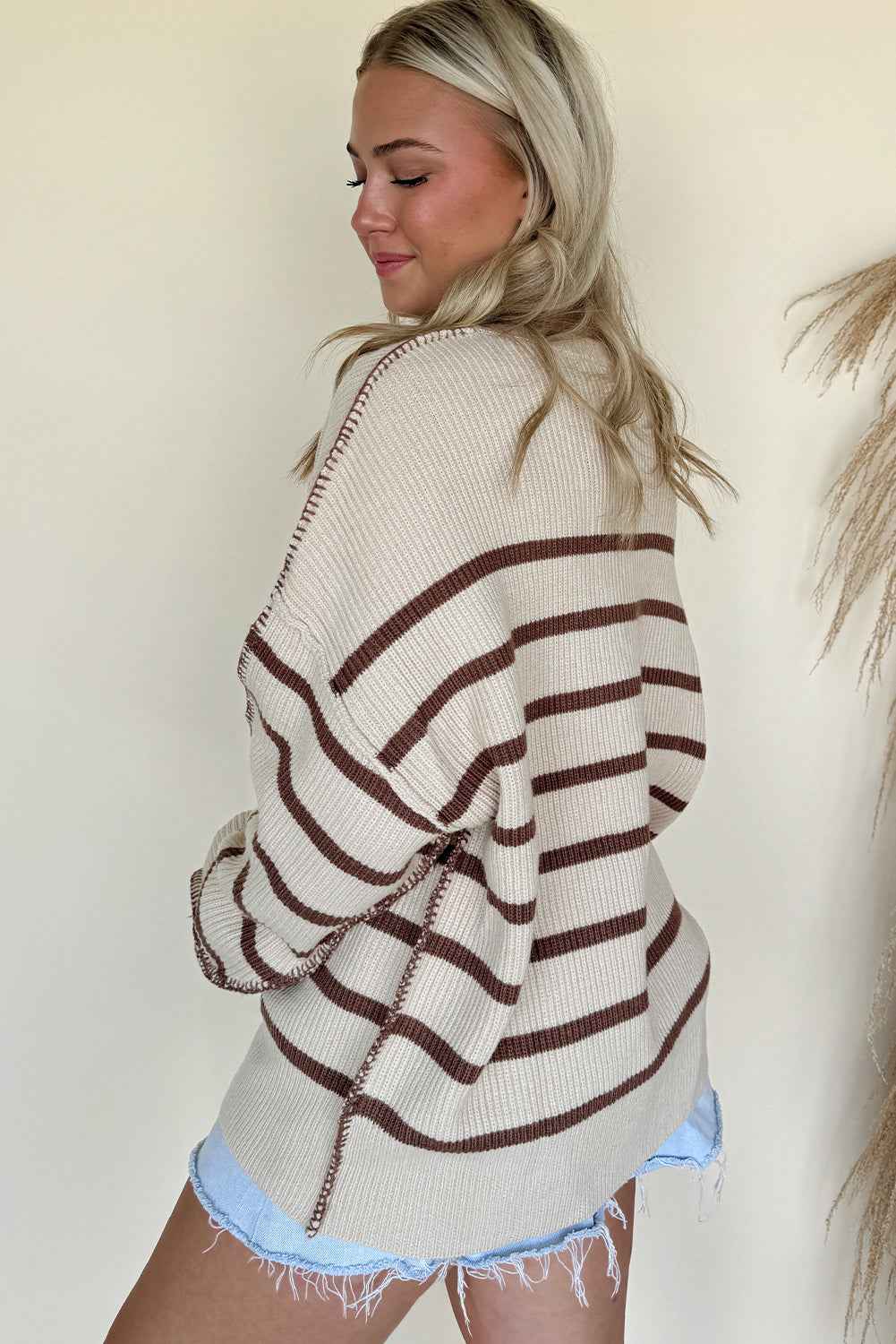 Brown Striped Exposed Seam Loose Henley Sweater 8332e04cff8300e6