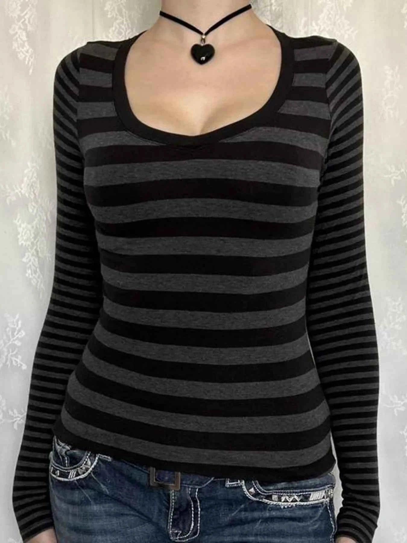 Striped Long Sleeve Contrast T-Shirt Dark Gray 8339d8c762804f548034ca6773ed2360-Max-Origin