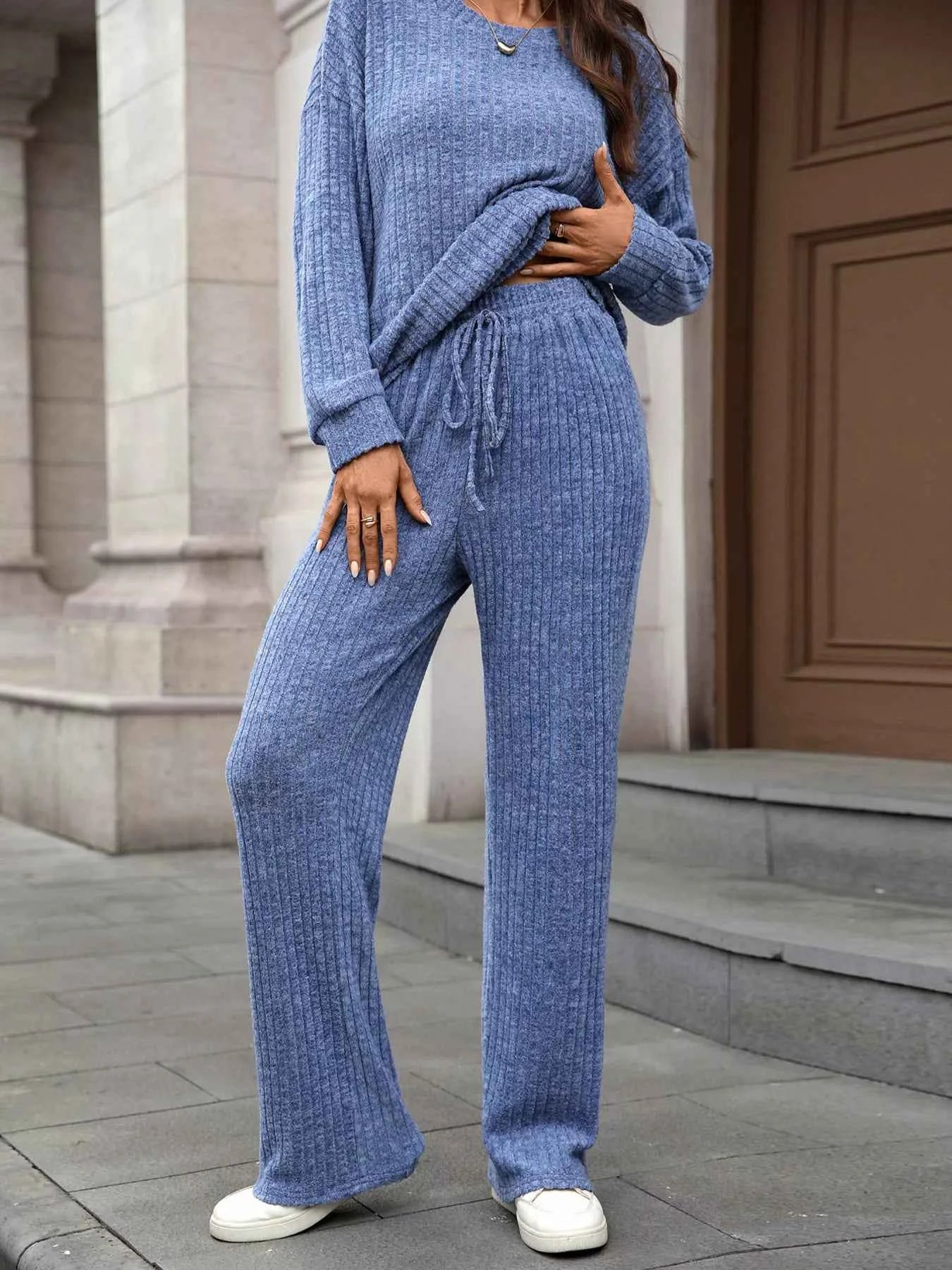 Ribbed Round Neck Top and Pants Set Dusty Blue 8339e15d8a594aa2b570e68bf0e49865-Max-Origin